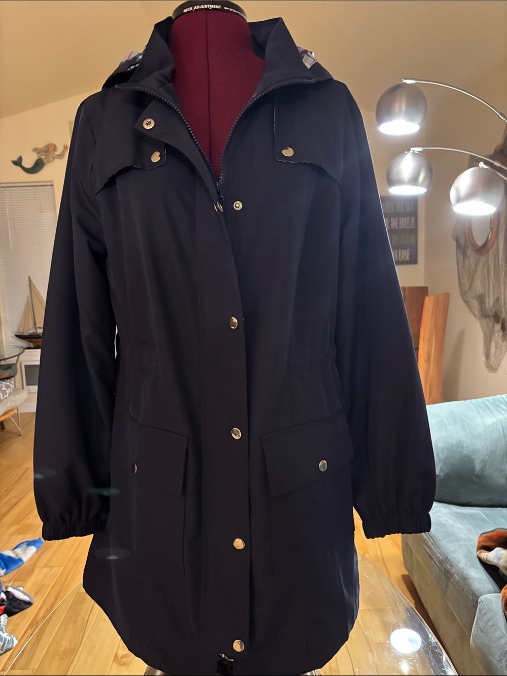 Classic Navy Hooded Trench Coat - Unbranded